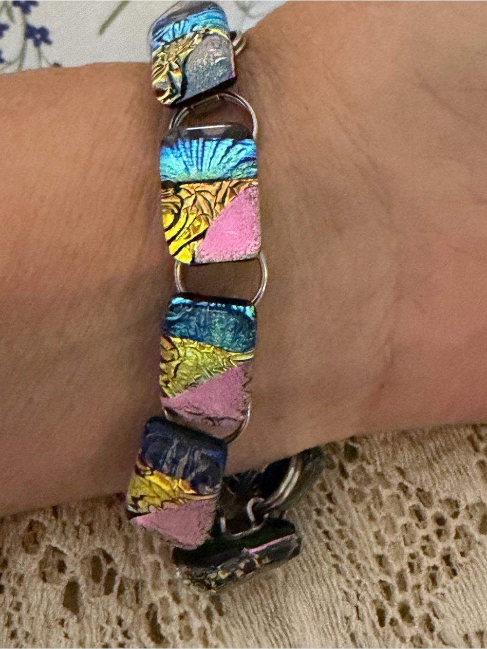 Dichroic Multicolor Glass Link Bracelet - Pink, Blue & Gold - Women Jewelry